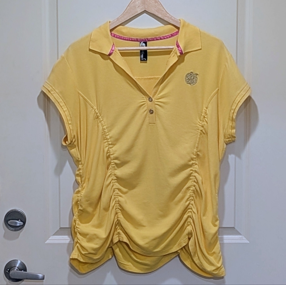 3/$30 Y2K Apple Bottoms 2X Bright Yellow Ruched Cotton Polo Shirt